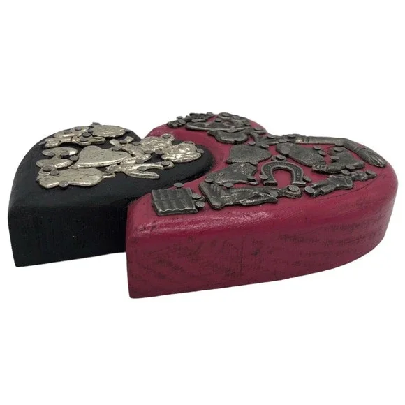 Red & Black Mexican Milagro Wooden Double Heart with Silver Pins Folk Art